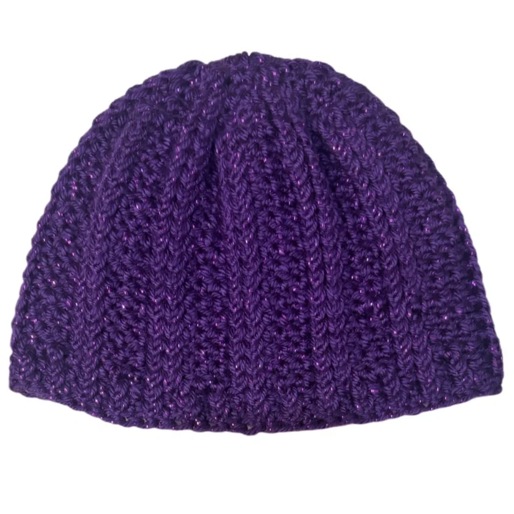 Girl’s Handmade Crochet Beanies Textured Sweater Knit Butterfly Metallic Purple